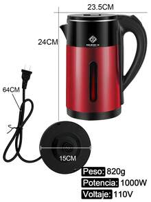 Hervidor eléctrico 1000W, Tetera 2L de gran capacidad, con diseño de doble capa antiquemaduras, luz LED indicadora, apagado automático y protección contra ebullición en seco - Tipo de Enchufe A USA (110-127V) - Ver 12