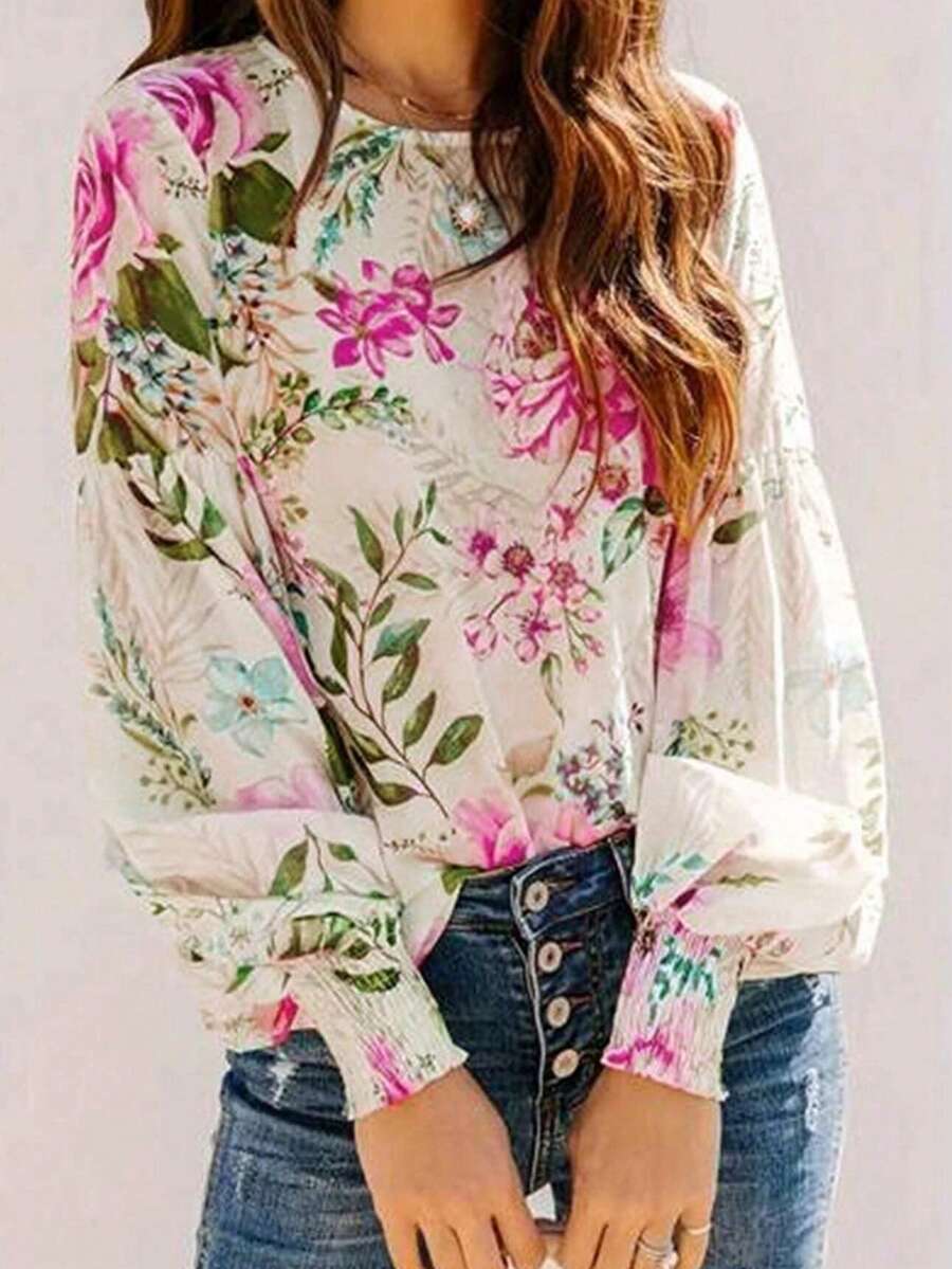 Summer Floral Print Round Neck Pleated Bubble Sleeves Vacation Style Pullover Shirt For Women - 彩色 - 查看 1