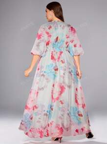 Vestito midi da donna taglie forti con scollo incrociato, stampa floreale casuale e grande, maniche a lanterna lunghe eleganti