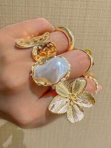 6 Stücke vintage elegant modische antike Geld-Stil französisch Barock Künstliche Perle Blumen Metall Lava Hohlkanal Eingelegt bunte Edelstein Ring Set, vielseitige hochwertige Stapel Party Hochzeit Dates Geschenk für Frauen Strand Urlaub Sommer