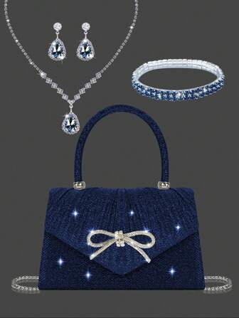 Shiny And Elegant Mini Bow Women's Evening Bag, Paired With Exquisite And Luxurious Rhinestone Bracelet, Necklace And Earrings Four-Piece Set, Simple And Fashionable Solid Color Pleated Flap Handbag, Suitable For Holiday Parties, Dances, Gatherings, Banquets, Weddings.It Is The Best Gift For The New Year.