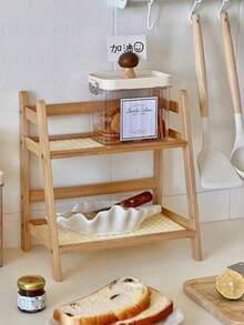 2-Layer Bamboo Tiered Storage Rack, White & Brown, Compact, Space-Saving For Cosmetics, Towels, Cookware, Kitchen, Bathroom, Desktop, Party Displays - Apricot - View 2