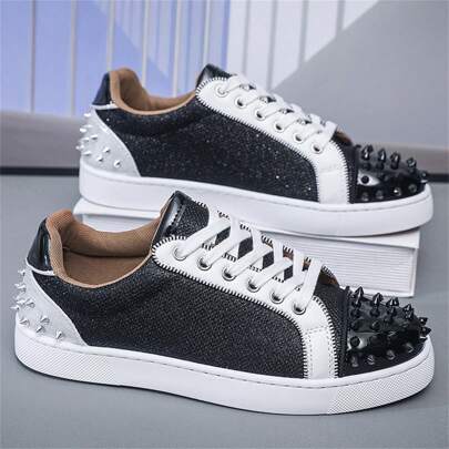 Men's Shoes Sneakers Metal Punk Style Rivet Decor On Heel & Toe, Low-Top Skate Shoes, Niche Classic Black & White Color Block, Vegan Leatherette, Round Toe, Lightweight, Non-Slip, Breathable, Soft Sole, Versatile For Casual, Sports, Running, Stage Party, All Season