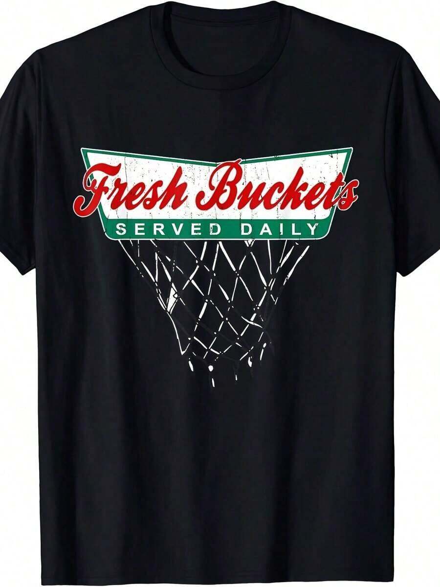 Basketball Player Fresh Bucket Daily Supply Basketball Men's T-Shirts Men's Cotton T-Shirt - 黑色 - 查看 1