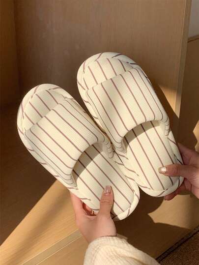  XIXITIAO Retro Color Block Striped Slippers, Indoor Casual Soft Flat Slippers For Couples, Breathable All Season House Shoes For Home & Bathroom, Classic Color Block Flat Slippers For Women