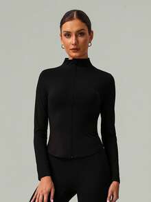 Women's Stand Collar Zipper Rounded Hem Slim Fit Sports Jacket - Black - View 3