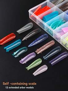 FULL BEAUTY Caja de 144 piezas Moldes de extensión de uñas largas en forma de ataúd/ovalada de colores claros para arte de uñas, con cobertura completa, molde para extensión de uñas de gel UV, acrílico y arte de uñas DIY, incluye 12 tamaños, escala y puntas en forma de U para extensiones de uñas artificiales falsas