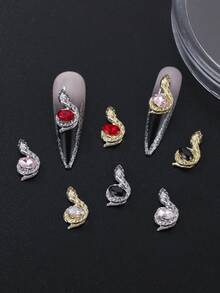 10 件小蛇美甲饰品钻石镶嵌金属蛇形美甲用品个性化美甲 3D 红黑色美甲宝石适合 DIY 美甲沙龙和个人使用 - 彩色 - 查看 2