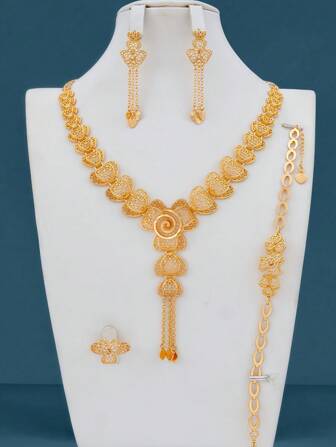 5 件套镂空心形 18K 镀金铜链项链，配优雅流苏，法式浪漫迪拜风格婚礼珠宝礼品套装，适合新娘、周年纪念日、情人节