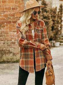 Plus Size Women's Casual Loose Plaid Shirt - Orange - View 5