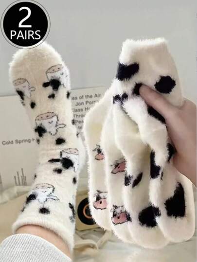 2 Pares de calcetines de felpa con estampado de vaca lindo, de cuello redondo, gruesos y cálidos de polar coral, medias y calcetines de seda para mujer, suaves y cómodos, aptos para uso diario, Navidad, calidez del hogar en invierno