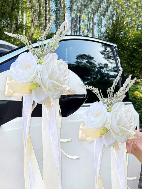 2 Stücke künstliche Blumen Hochzeitsdekoration Rose Blume (mit Saugnapf) Auto Rückspiegel Geschenkband Licht Haus Dekoration Wegdekoration Stuhlkettendekoration für Partys Hochzeiten