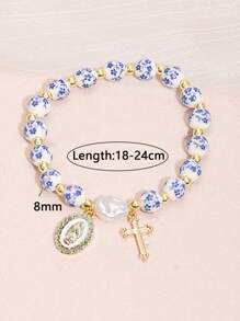 1 pièce Magnifique et délicat bracelet en céramique avec perles dorées et perles baroques artificielles, avec Vierge Marie et pendentif en acier inoxydable. Un excellent cadeau/bijou chrétien/cadeau chrétien