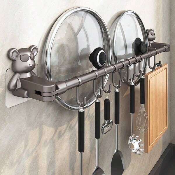Adjustable Kitchen Storage Rack 11.81 To 19.69 Inches, Gray PP Material Towel Rack Hook, Expandable Wall Mounted Towel Rack, Suitable For Bathroom, Kitchen, Bathroom