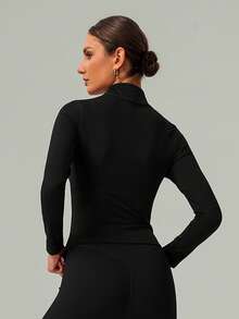 Women's Stand Collar Zipper Rounded Hem Slim Fit Sports Jacket - Black - View 7