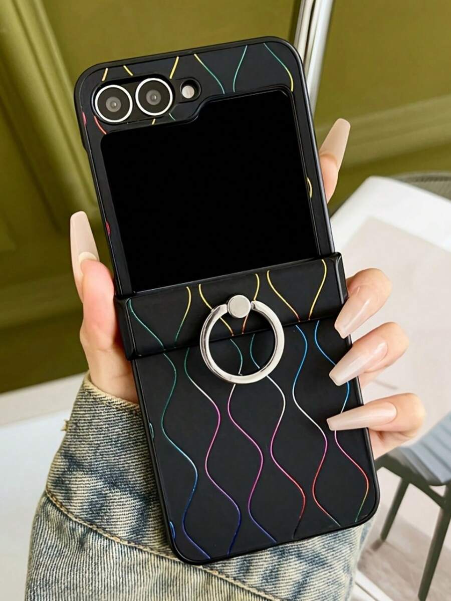 Fashion Wavy Pattern Finger Ring Buckle Phone Case Compatible With Samsung Galaxy Z Flip 6 7 5 4 3 Z Stand Holder Shockproof Cover Waterproof Anti-Fall Scratch Resistant - Black - View 1