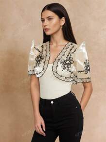 Modern Filipiniana Women Floral Print Frill Short Sleeve Round Neck Open Front Cropped Cardigan, Spring/Summer