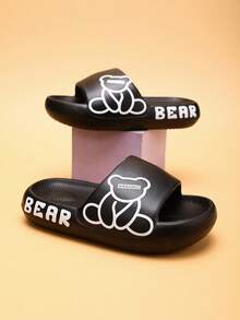 儿童泡沫拖鞋，EVA轻便防滑软底可爱熊，中大童居家休闲速干人字拖，简约纯色厚底男童女童沙滩凉鞋 - 黑色 - 查看 1