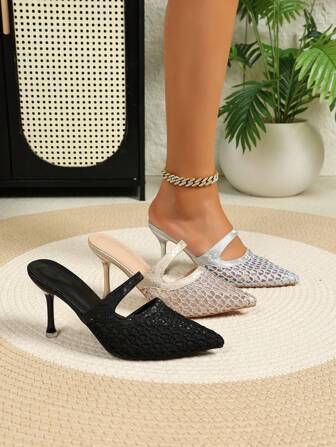 Elegant Pointed Toe Snake Skin Mesh High Heel Mules Sandals For Women, Comfortable Transparent Fabric Stilettos Party Sexy Fashion Shoes Suitable For Outdoor, Weddings, Parties, All Seasons