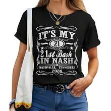 Nashville 21St Birthday Whiskey Themed Wo T-Shirt Wo's 220g Thick Cotton T-Shirt With Butterfly Print Pattern, Suitable For Girls And Wo's Short Sved Round Neck Inspirational Shirt, Cute Aesthetic Y2K Style Summer Top, Suitable For Outdoor, Family, Work Or Street Wear Casual Loose Daily T-Shirt - Black - View 1