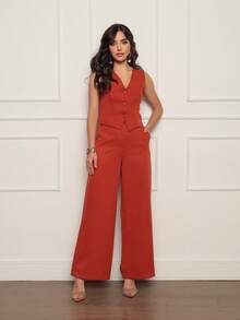 Women's Tailored Set Simple Elegant Button Pocket Zipper Office - Burnt Orange - View 4