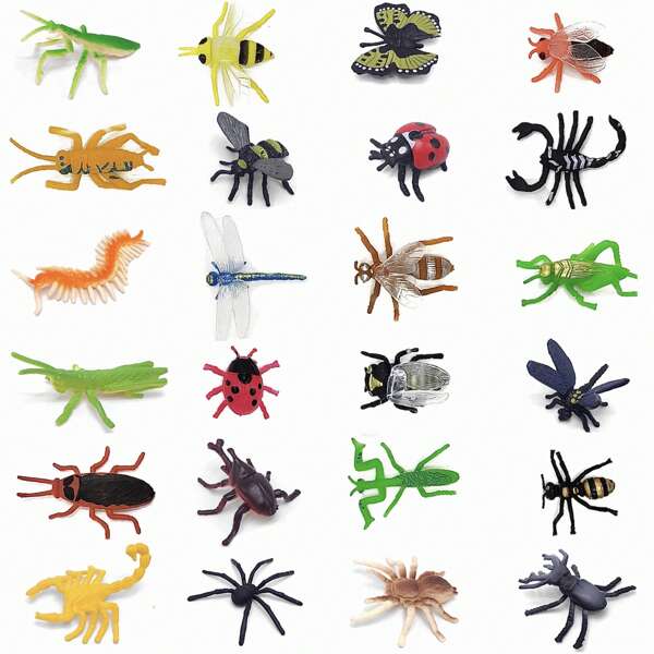 24pcs Realistic PVC Insect Model Toys, Simulation Archaeologic Digging Joke Soft Rubber Animal Butterfly Bee Specimen Decoration Stress Relief Toys
