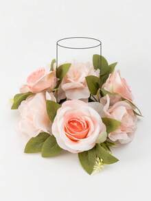 MEHELANY 1Pc Artificial Flower Candle Ring Garland , Light Pink Fake Rose Artificial Flower Wedding Table Centerpiece Spring Summer Garland For Front Door Wedding Bouquet Party, Home Decor, Wedding Arrangement, Romantic Date, Wedding Garland