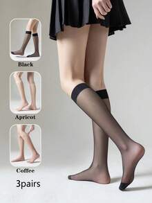 3 Pairs Of Women's Knee-High Mesh Socks – Sexy Black Stockings & Khaki Over-The-Knee Hosiery – Breathable Summer Sheer Long Socks For Comfort And Style - Multicolor - View 9