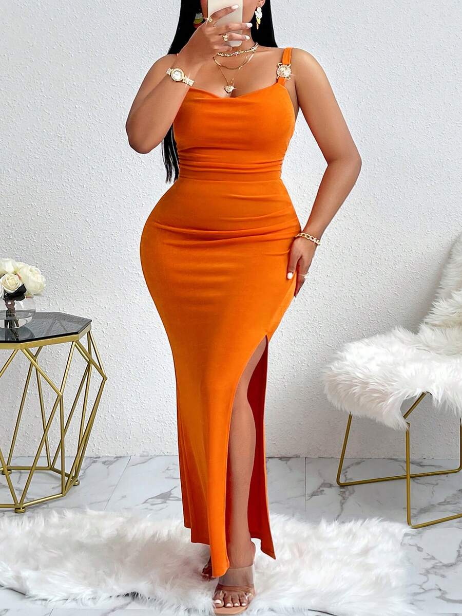 BIUBIU 女式加大码夏季垂坠领时尚前开衩吊带优雅贴臀修身连衣裙 - 查看 1