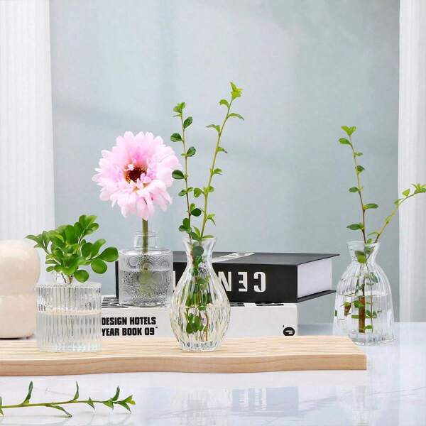 Set de 4 piezas/1 pieza Jarrón mini retro, jarrón floral hidrofílico transparente, decoración de mesa, se puede usar como centro de mesa para boda, fiesta o decoración del hogar, regalo de cumpleaños o graduación - se puede usar para un ramo de flores pequeño, decorar la esquina pequeña del hogar