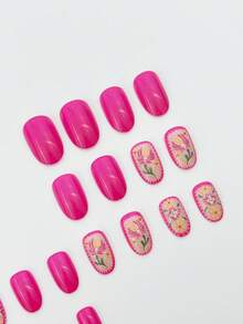 立即提升您的外观，24 件/套短椭圆形粉色光泽可爱小花 Ins 风格假指甲，24 件立体浮雕花朵按压指甲套装，适合辣妹、办公室女性、派对、约会和日常穿着和派对使用