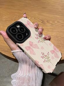 Bow-Knot 1pc Vertical Stripe Faux Leather Bowknot Pattern Shock-Resistant Soft Phone Case Compatible With Apple/ 15/15PLUS/15PRO/15PROMAX Waterproof Anti-Fall Scratch Resistant - Multicolor - View 5