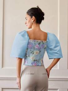 Modern Elegant Women Casual Floral Puff Sleeve Blouse, Spring/Summer Filipiniana Attire
