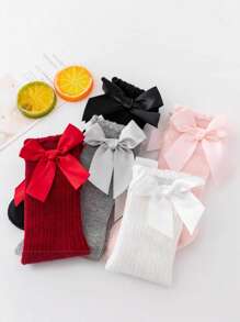 5 Pairs Simple Solid Stripe Kids Long Tube Socks, Non-Slip Ruffle Cuff Toddler Bow Mid-Calf Socks