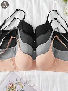 4PCS Women's Comfortable Multicolour Modal Material Underwire Soft Cup Solid Bralette Lingerie Underwear Bra - Multicolor - View 8