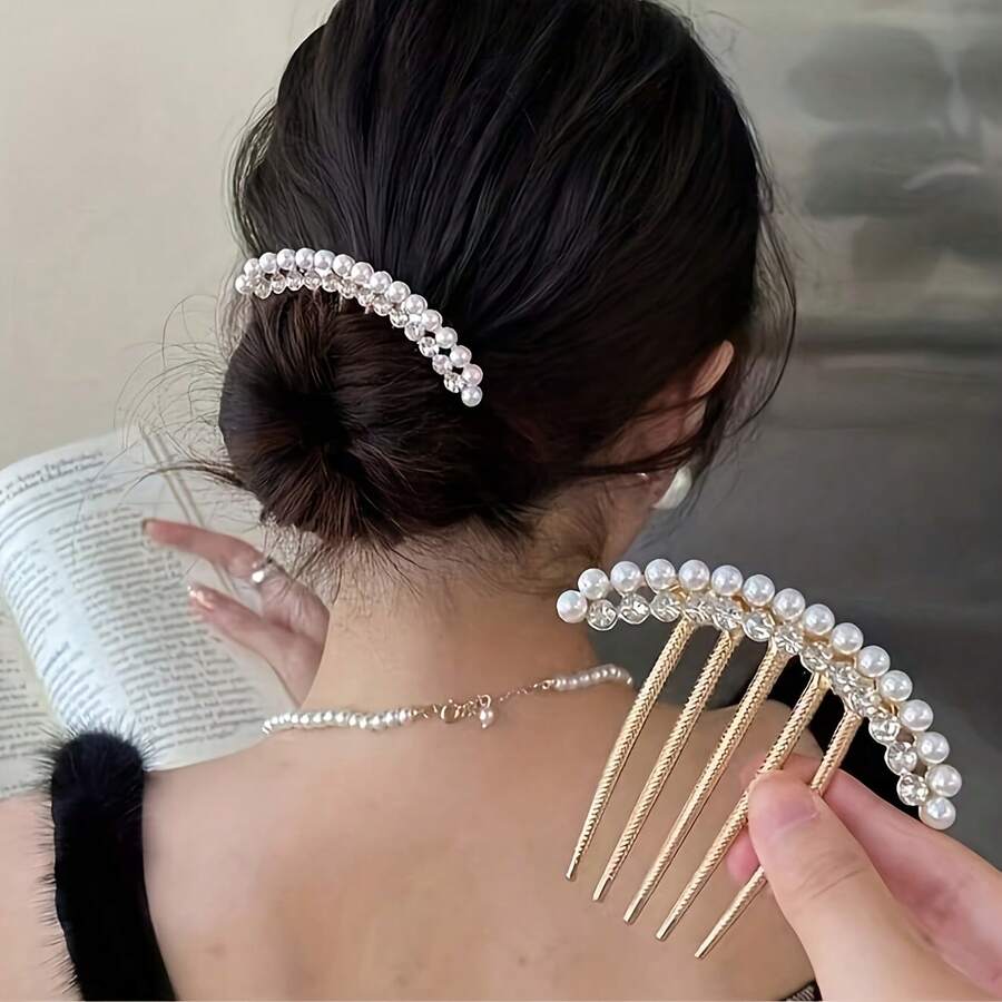 1 件优雅仿珍珠和水钻发梳配件，适合卷发和长发，金属侧夹，返校、旅行度假必备，女士发饰 - 薑色 - 查看 1