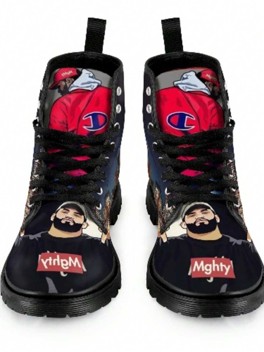 Men's Red Caricature Lace Up Canvas Boots