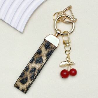 TTOBS 1pc Handmade Leopard Leather Car Key Chain With Cute Cherry Pendant - , Fashionable And Multifunctional Backpack Key Chain, The Perfect Accessory For Backpacks. The Perfect Gift For Valentine's Day, And An Excellent Gift For Your Beloved Girlfriend.