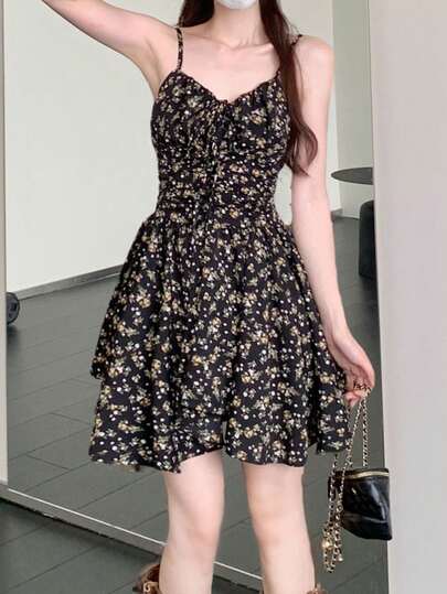 Korean Style Cinched Waist Black Ditsy Floral Asymmetrical Hem Dress, Random Cut