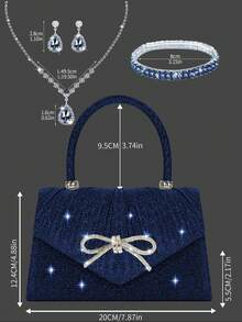 Shiny Elegant Mini Bow Clutch Bag For Women, Comes With Sparkling Rhinestone Jewelry 3-Piece Set, Minimalist Solid Color Pleated Flap Handbag, Suitable For Festivals, Parties, Galas, Weddings. An Ideal New Year Gift. - Navy Blue - View 4