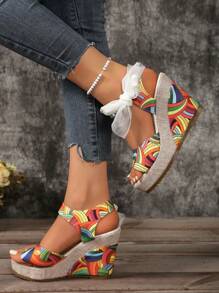 European Women's Wedge Platform Sandals With Ribbon Wrap, New 2024 Spring/Summer Outdoor Versatile Strap Buckle Lace-Up Sandals, Model/Stage Sexy Floral Color-Blocking Beach Casual Open Toe Comfortable Slides