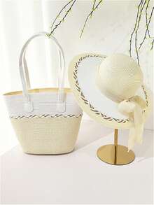 Nuovo set di cappello di paglia e borsa da donna con decorazione a fiocco, cappello di paglia estivo da spiaggia, borsa shopping, borsa per telefono, adatto per all'aperto, casual, viaggi, spiaggia - A - Visualizzare 2