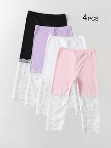 Conjunto de 4/3/2/1 Peças Leggings Capri com Renda para Meninas, Cor Sólida/Contraste, Leve, Meia-Calça Casual 3/4, Fofo & Moderno, Estilo Princesa, Adequado para Uso Diário, Meia-Calça Macia & Confortável, Adequado para Estudantes Combinarem com Tops, Saias, Temporada de Volta às Aulas - Multicolorido - Visão 55