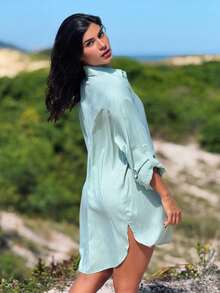 Plain Chemise Shirt Beach Cover-Up - Light Green - View 2