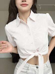 Camisa suelta de manga larga, ligera y casual con cuello alto y botones, bordada, adecuada para salir   Liso    Bohemio  Casual    Botón  Nudo  Bordado de ojal - Blanco - Ver 2