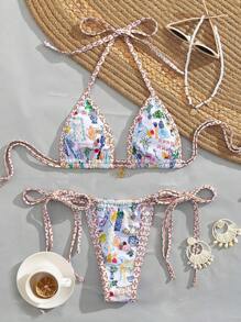 Conjunto de bikini de estilo dividido con estampado, nuevo estilo europeo y americano, traje de baño sexy y lindo con cordones para vacaciones en la playa, verano
