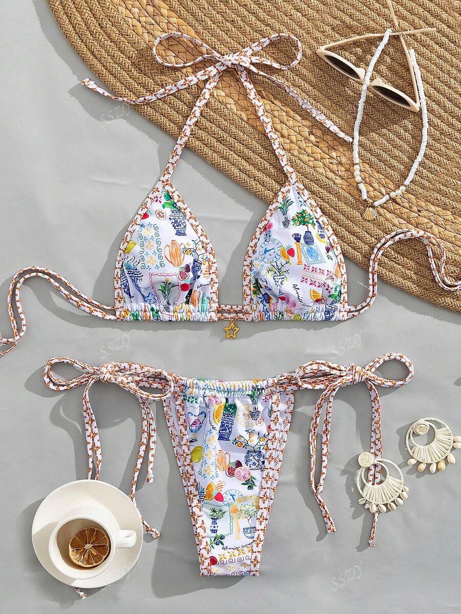 Conjunto de bikini de estilo dividido con estampado, nuevo estilo europeo y americano, traje de baño sexy y lindo con cordones para vacaciones en la playa, verano