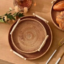 1pc Round Hand-Made Cane Storage Tray, Japanese Solid Color Wicker Decoration With Handle, Table Breakfast, Coffee, Drinks, Snacks Fruit Storage Tray, Suitable For Table And Home Desktop Decoration