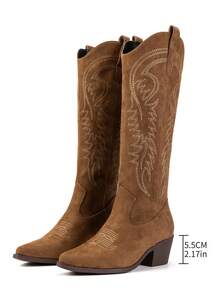 New Vintage Embroidered Boots, Casual Western Boots, Thick Heel Non-Slip Mid-Calf Boots, Comfortable Versatile Riding Ankle Boots For Autumn/Winter,Cowboy Boots - Brown - View 8