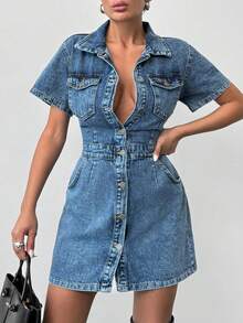 Women's Summer Perfect For Fall Denim Dress A Shape With Pocket Details - Medium Wash - View 4